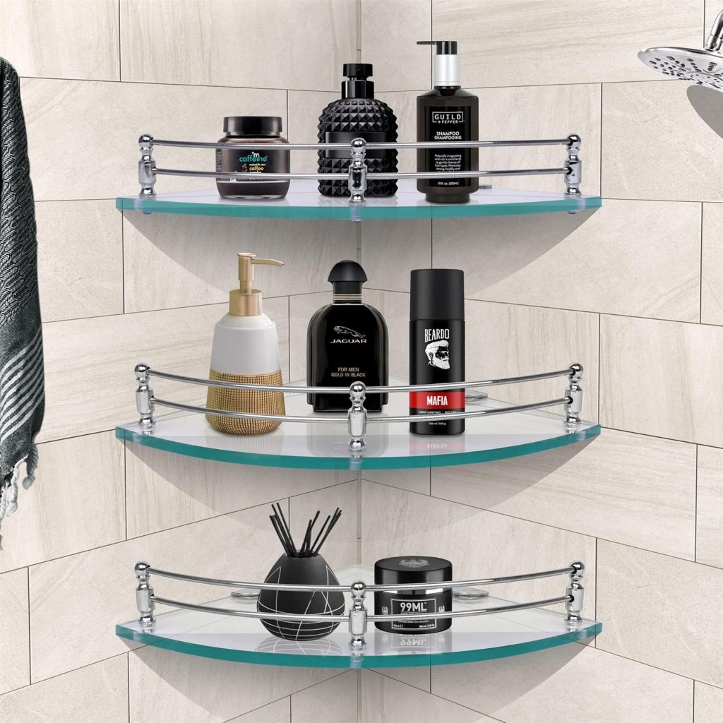 Plantex Glass Shelf for Bathroom Wall/Glass Corner Shelf for Bathroom Shelf for Wall Glass/Bathroom Corner Organizer (9x9 inch) - Pack of 3