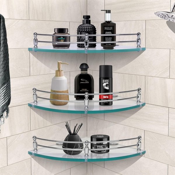 Plantex Glass Shelf for Bathroom Wall/Glass Corner Shelf for Bathroom Shelf for Wall Glass/Bathroom Corner Organizer (9x9 inch) - Pack of 3