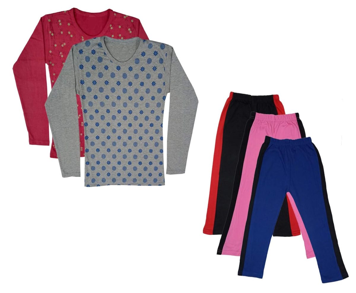 IndiWeaves Girls Cotton Full Sleeve Printed T-Shirts and Cotton Capri 3/4 Pants (Black,Pink,Blue,Maroon,Grey,9-10 Years) Pack of 5
