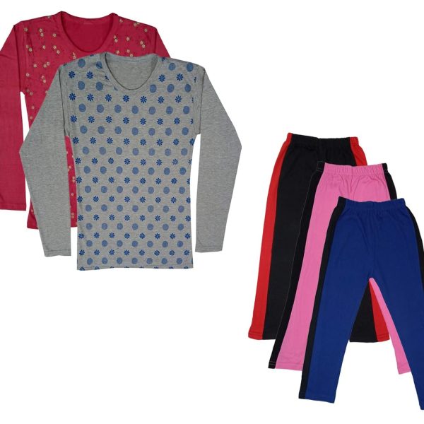 IndiWeaves Girls Cotton Full Sleeve Printed T-Shirts and Cotton Capri 3/4 Pants (Black,Pink,Blue,Maroon,Grey,9-10 Years) Pack of 5