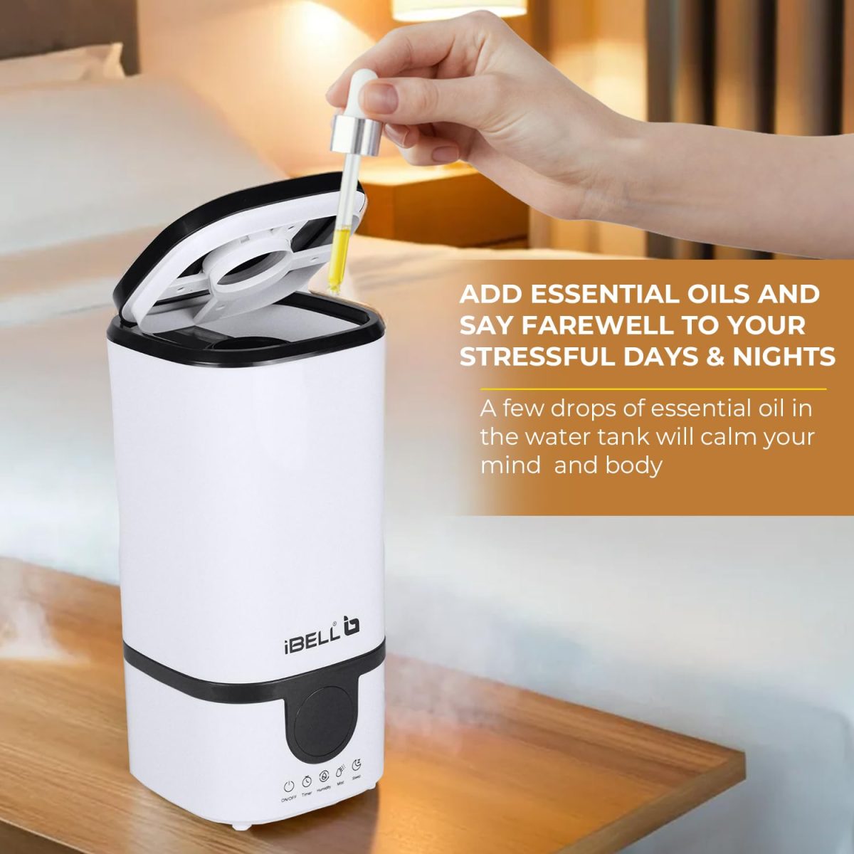 iBELL Humidifier for room with Remote, Digital display, 4.5L, Ultrasonic, Adjustable Mist Output, Super Quiet 360° Nozzle, Lasts Up To 24 Hrs, Essential Oil Diffuser, HU450RB (White) - Image 3