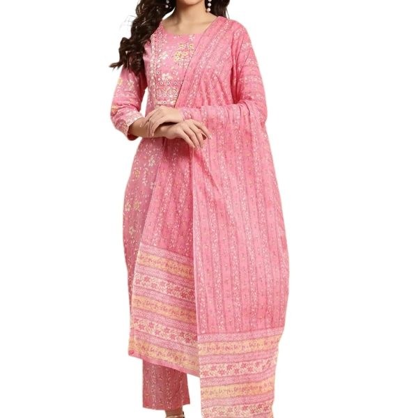 YUVVIK Women's Pink Embroidered Kurta Pant and Dupatta Set