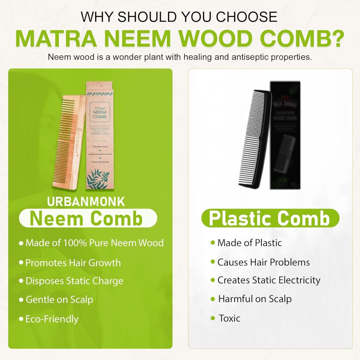 URBANMONK Neem Comb for Hair Growth | Wood Comb for Hair Growth, Hair fall & Dandruff Control | Neem Wooden Comb for Women & Men | All Five Combs - Image 3