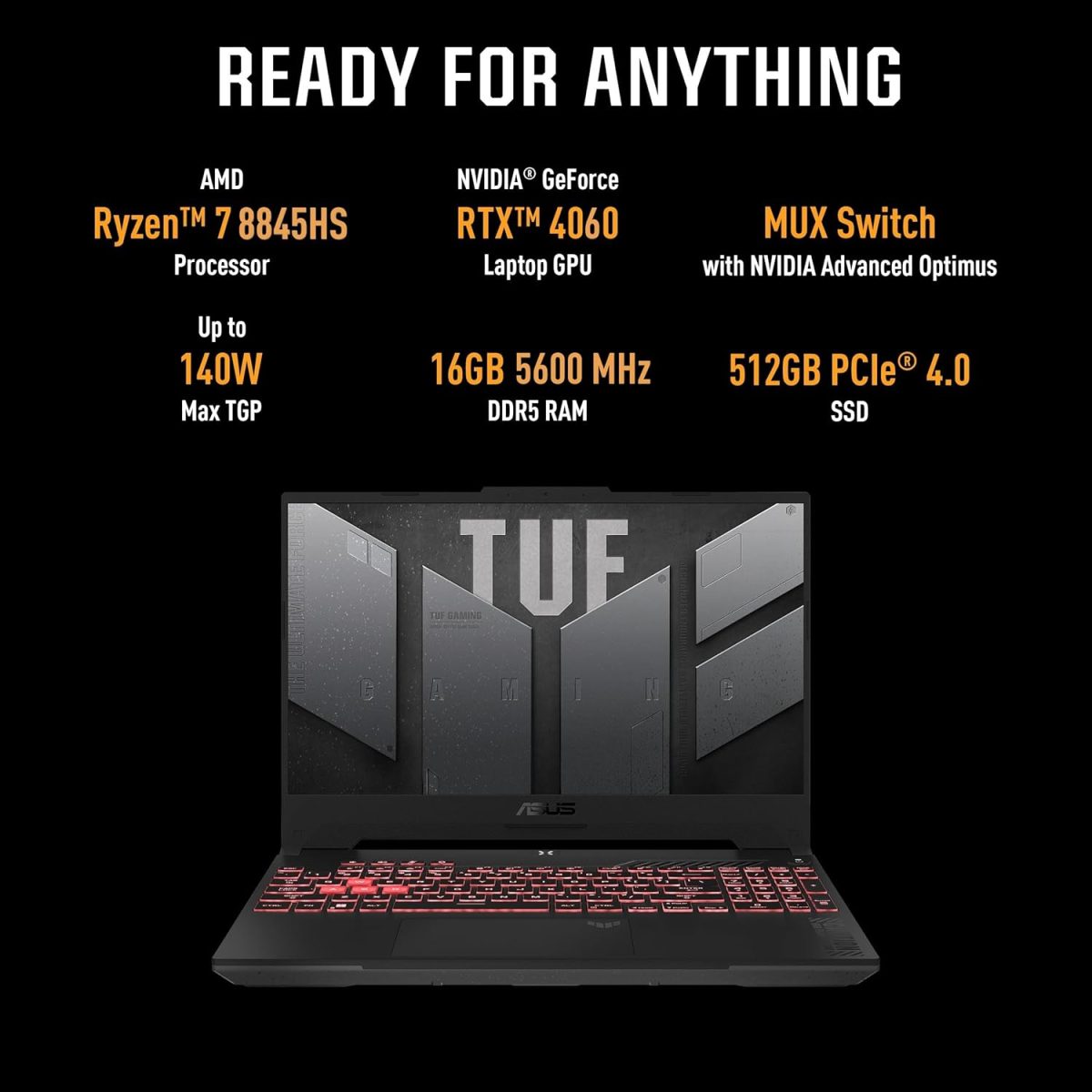 ASUS TUF Gaming A15, 15.6" (39.62Cm) FHD 144Hz, AMD Ryzen 7 8845HS, Gaming Laptop (16GB DDR5/512GB SSD/NVIDIA Geforce RTX 4060 /Windows 11/Office 2021/Mecha Gray/2.20 Kg), FA507UV-LP136WS - Image 2