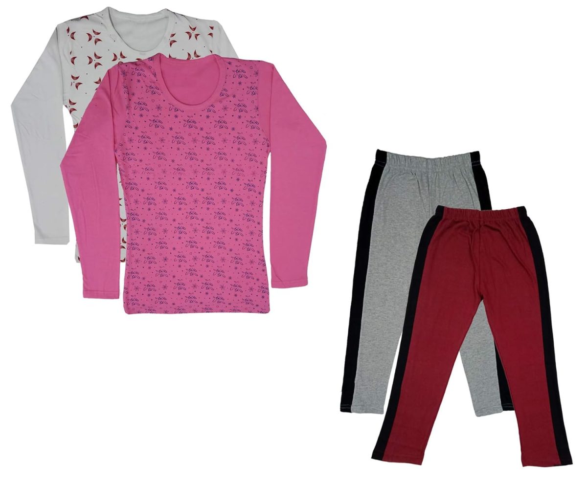 IndiWeaves Girls Cotton Full Sleeve Printed T-Shirts and Cotton Capri 3/4 Pants (Grey,Maroon,White,Pink,9-10 Years) Pack of 4