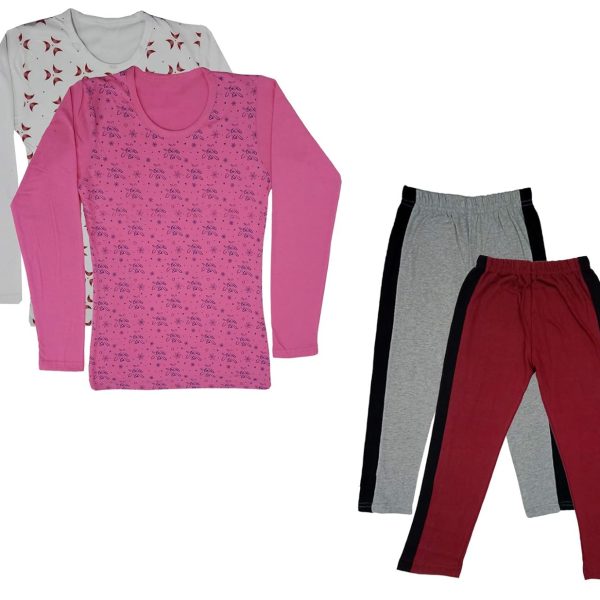 IndiWeaves Girls Cotton Full Sleeve Printed T-Shirts and Cotton Capri 3/4 Pants (Grey,Maroon,White,Pink,9-10 Years) Pack of 4