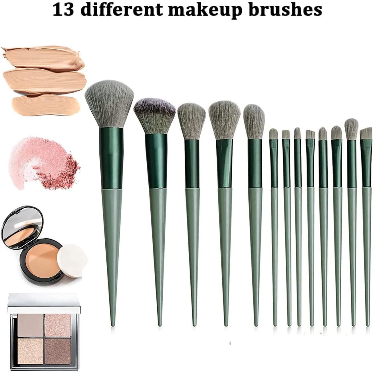 lizepto 13 Pcs Makeup Brushes Set with Bag – Foundation, Concealer, Powder, Blush, Highlighter, Eyeshadow & Eyebrow Brushes – Travel Makeup Kit for Beginners & Makeup Artists (Green) - Image 3