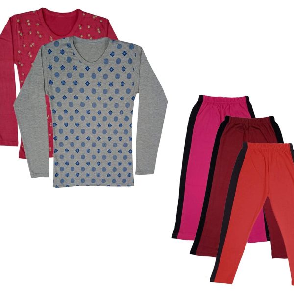 IndiWeaves Girls Cotton Full Sleeve Printed T-Shirts and Cotton Capri 3/4 Pants (Magenta,Maroon,Red,Maroon,Grey,11-12 Years) Pack of 5