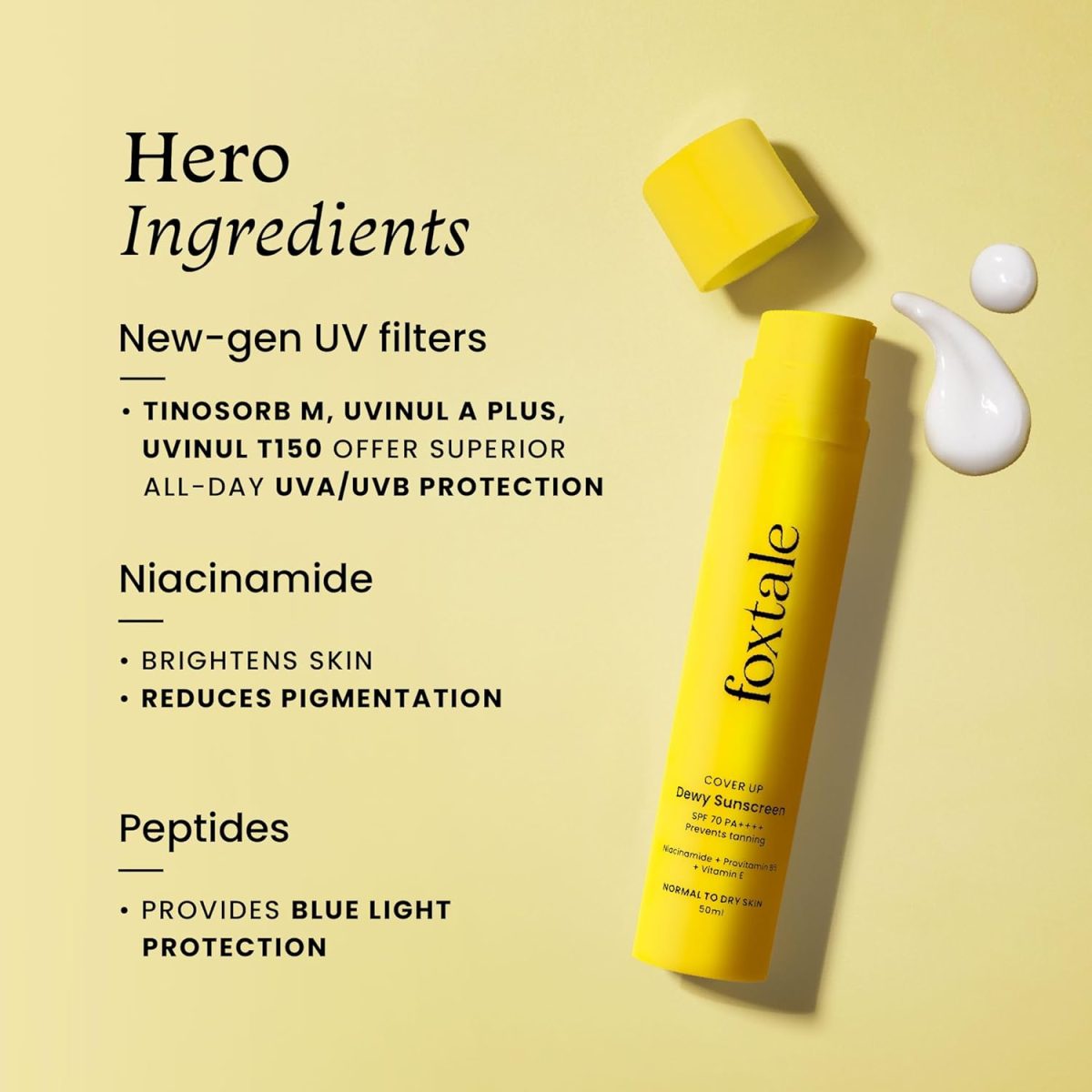 Foxtale SPF 70 Niacinamide Dewy Sunscreen with PA++++ For Dewy Sun Protection|Prevents Tan|Lightenweight, Non Greasy, No White Cast|Anti-Tan Formula|For Men & Women|For all skin type,50 Ml - Image 4