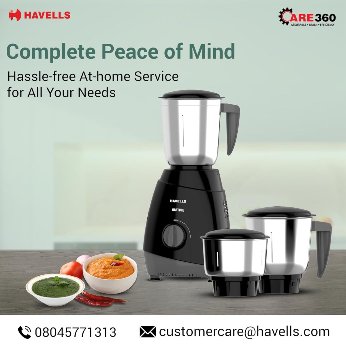 Havells Capture 500W Mixer Grinder 3 Stainless Steel Jars | 21000 RPM High-Speed Motor | Rust-Resistant 304 SS Blades | 1.5L Large Blending Jar | Overheat Protection | 1-Year Warranty (Black) - Image 6