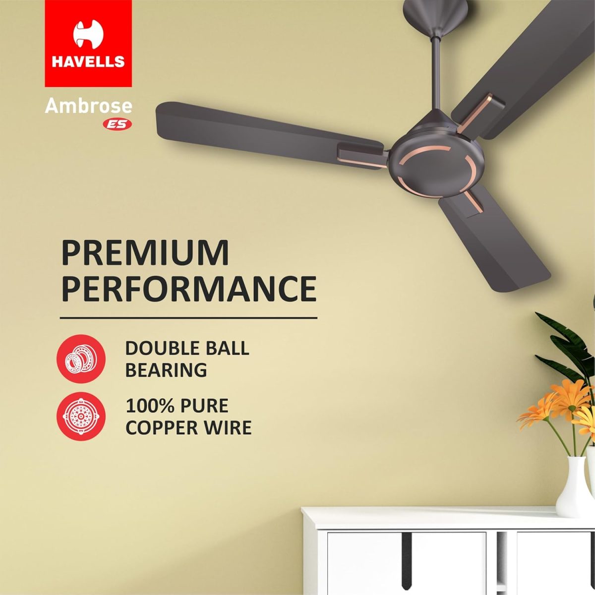 Havells 1200Mm Ambrose Es Ceiling Fan|Premium Matt Finish,Decorative Fan,Elegant Looks,High Air Delivery,Energy Saving,100% Pure Copper Motor|2 Year Warranty By Brand|3.8 stars,(Pack Of 1,Copper) - Image 5