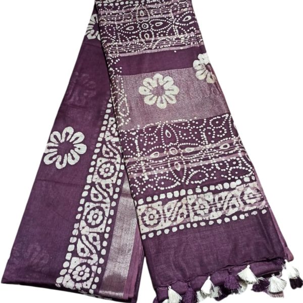 STB-SILK TEXTILES BHAGALPUR Women's Batik Print Linen Slub Saree With Runnig Blouse Piece