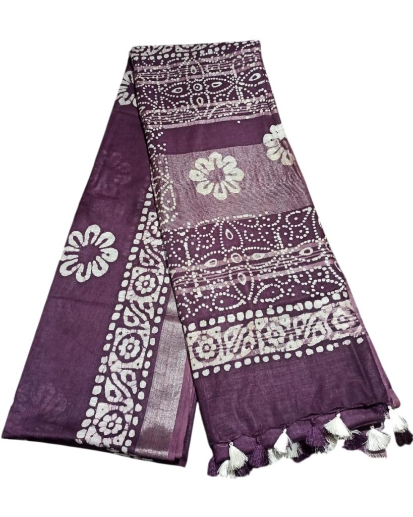 STB-SILK TEXTILES BHAGALPUR Women's Batik Print Linen Slub Saree With Runnig Blouse Piece