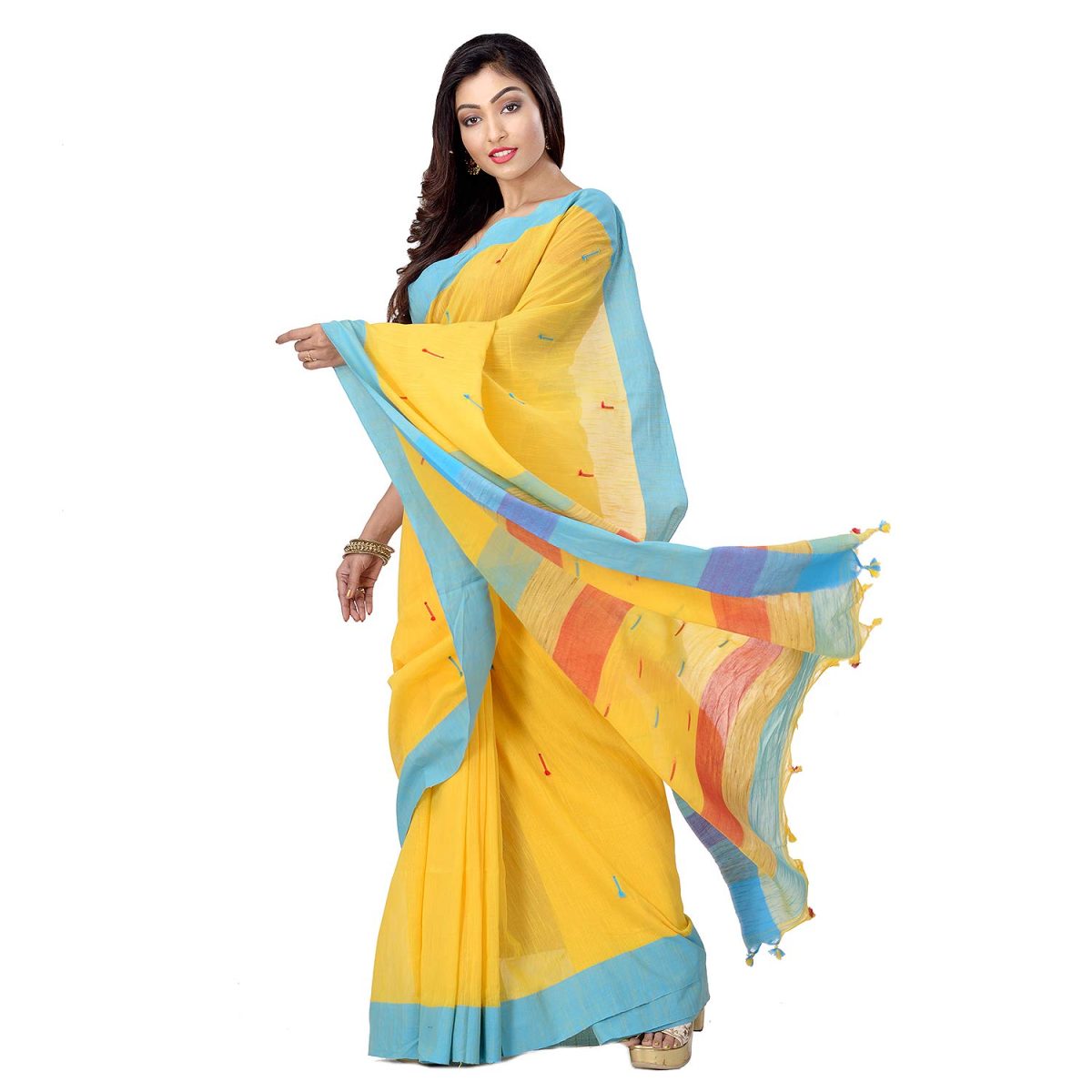 dB DESH BIDESH Women's Tant Cotton Saree With Blouse Piece (DBSARE16022019WOBT1_Yellow, Blue & Red) - Image 6