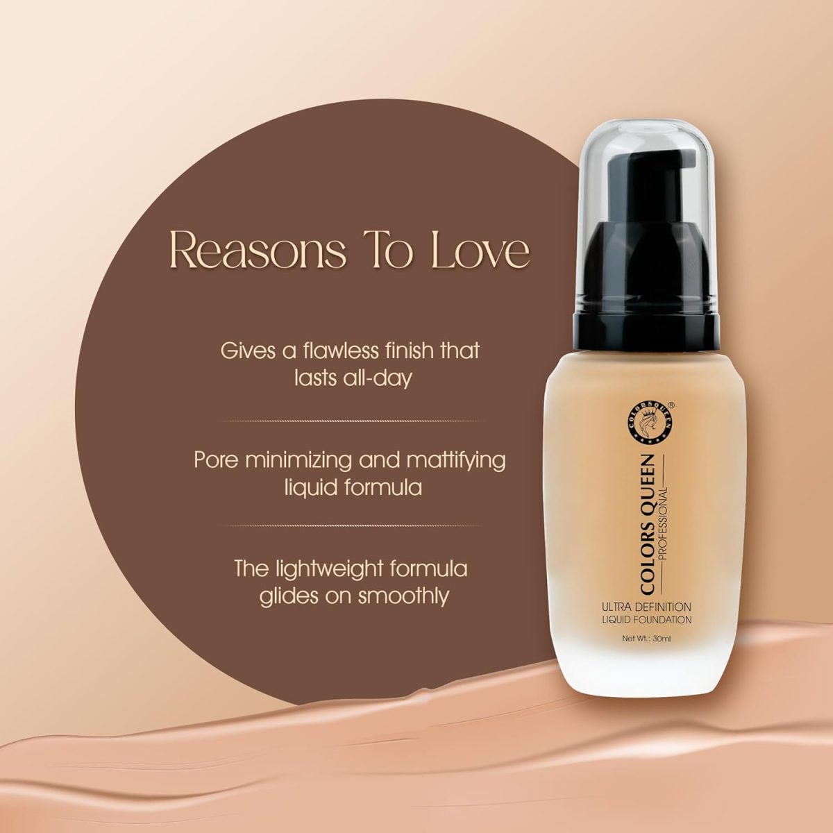 Colors Queen Ultra Definition Liquid Foundation | Lightweight & Long Lasting Full Coverage with Dewy Finish | Easy to Blend, Waterproof & Sweat Proof Foundation for Face Makeup (Custard, 30ml) - Image 3