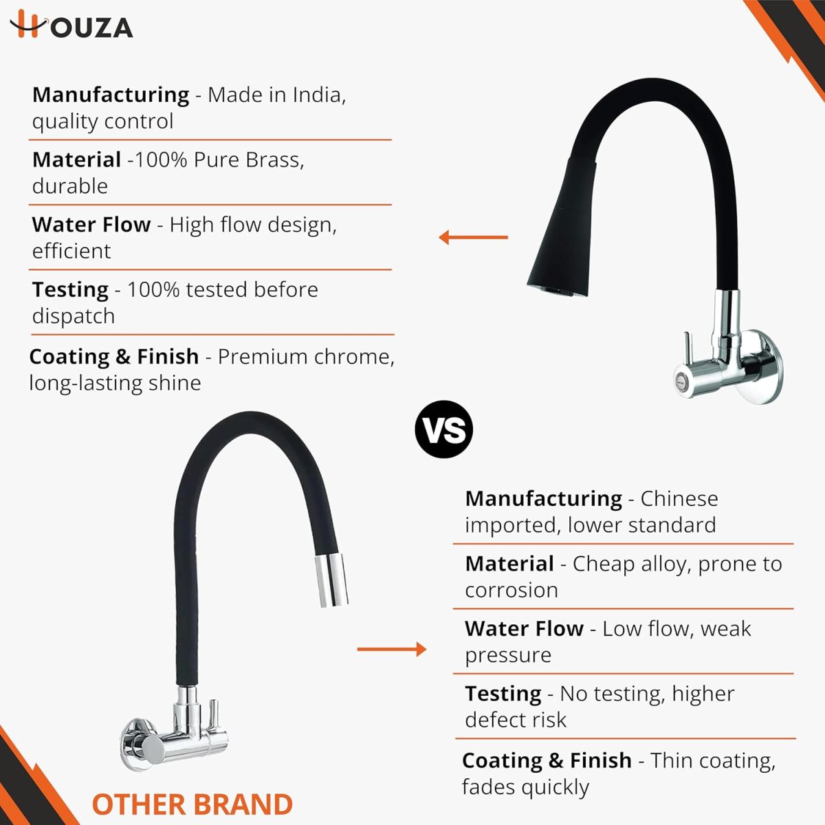 Houza Brass Sink Tap Faucet with 360 Degree Flexible Silicon Swivel Spout & Dual Flow Pattern Flow, Compatible for Hot or Cold Water for Kitchen Sink, Wash Basin, (Chrome Finish/Black) - Image 4