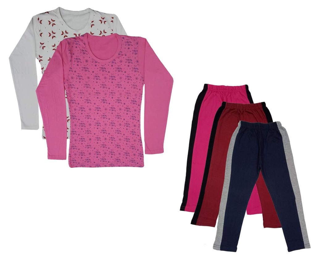 IndiWeaves Girls Cotton Full Sleeve Printed T-Shirts and Cotton Capri 3/4 Pants (Magenta,Maroon,Navy Blue,White,Pink,11-12 Years) Pack of 5