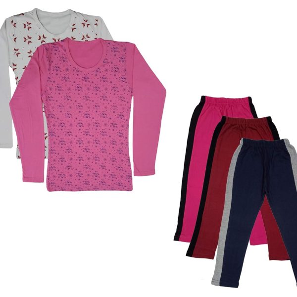 IndiWeaves Girls Cotton Full Sleeve Printed T-Shirts and Cotton Capri 3/4 Pants (Magenta,Maroon,Navy Blue,White,Pink,11-12 Years) Pack of 5