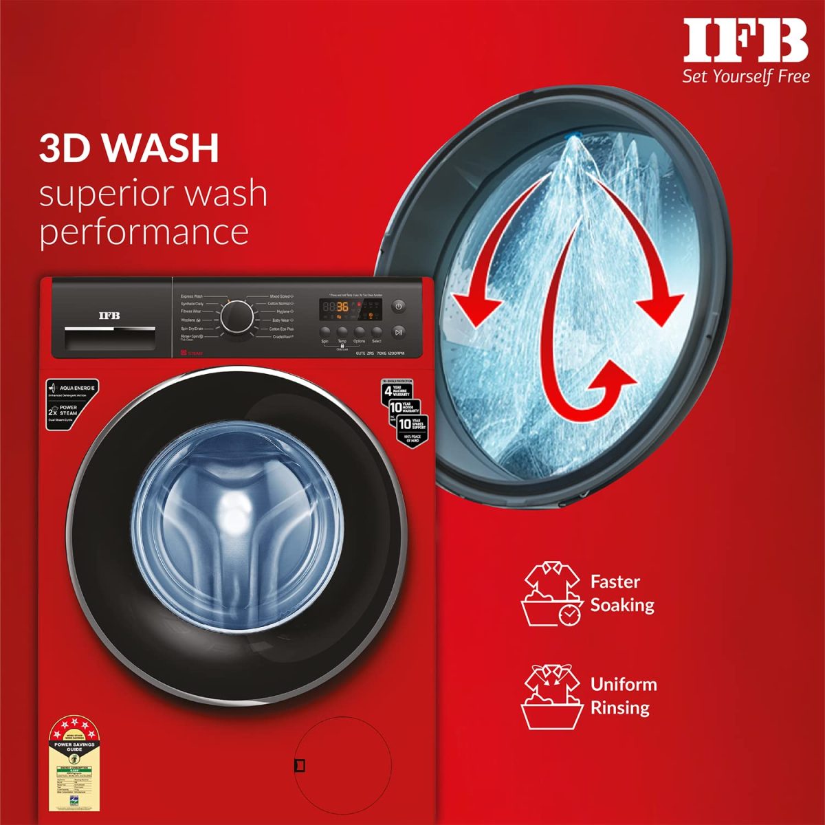 IFB 7 Kg 5 Star Front Load Washing Machine 2X Power Steam (ELITE ZRS 7012, Red, In-built Heater, 4 years Comprehensive Warranty) - Image 7