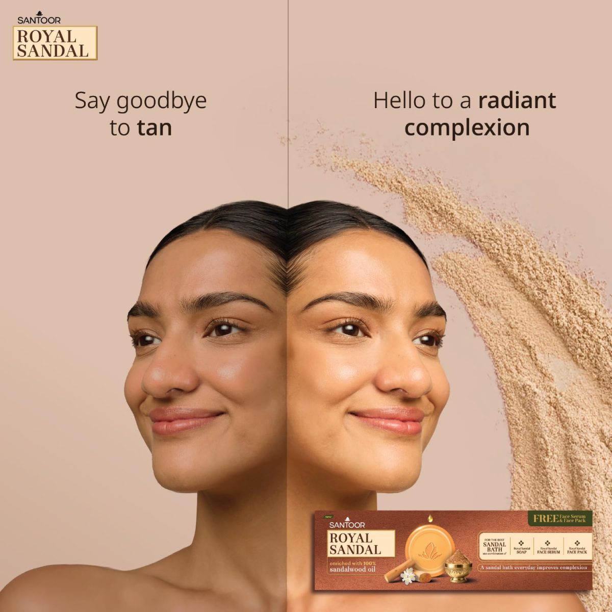 Santoor Royal Sandal Detan Pack | 3 Soaps (150g Each) + Free Serum (15ml) + Free Face Pack (20g) | 100% Sandalwood Oil & Powder | 3-Step Natural Detan | Reduces tan, Improves complexion, Even Skin Tone & Glow - Image 9