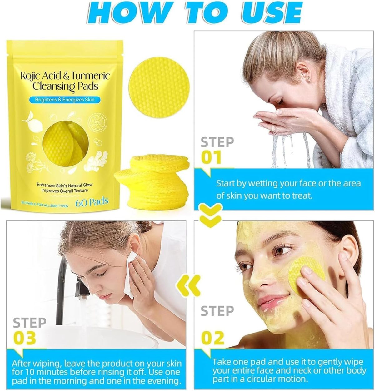 Kojic Acid and Turmeric Cleansing Pads for Dark Spots, Skin Brightening & Acne Prevention, with Vitamin B5, Vitamin C, Turmeric Infused Foaming Exfoliating Pads, for Face for All Skin Types -60PCS (Pack of 1 (60Pcs)) - Image 9