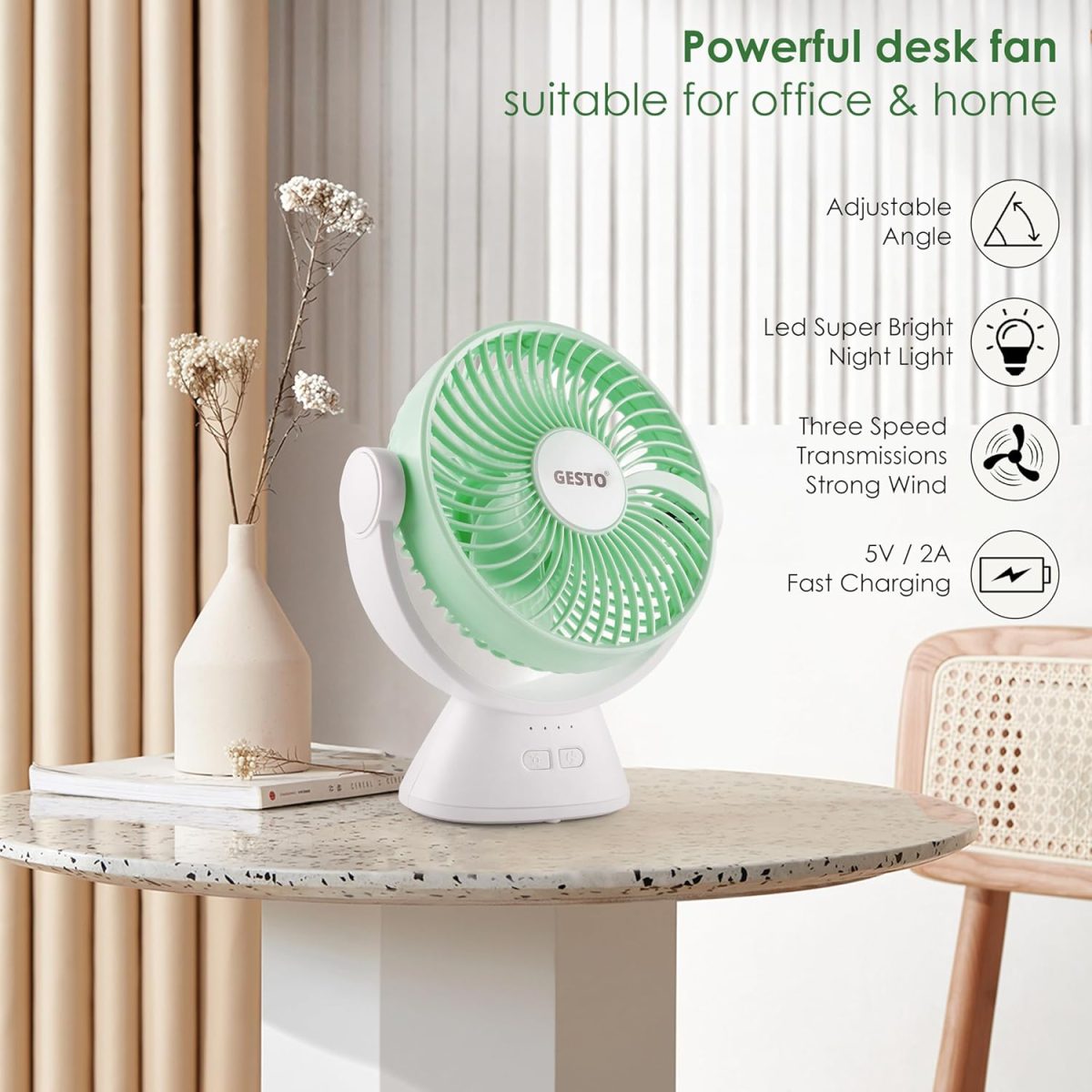 Gesto 7.8 Inch High Speed Rechargeable Table Fan for Home – USB Charging Battery Fan With Led Light | 2400mAh Battery for Upto 8 Hrs. Runtime | 3 Speed Modes Portable fan for Home,Office,Kitchen-Green - Image 2