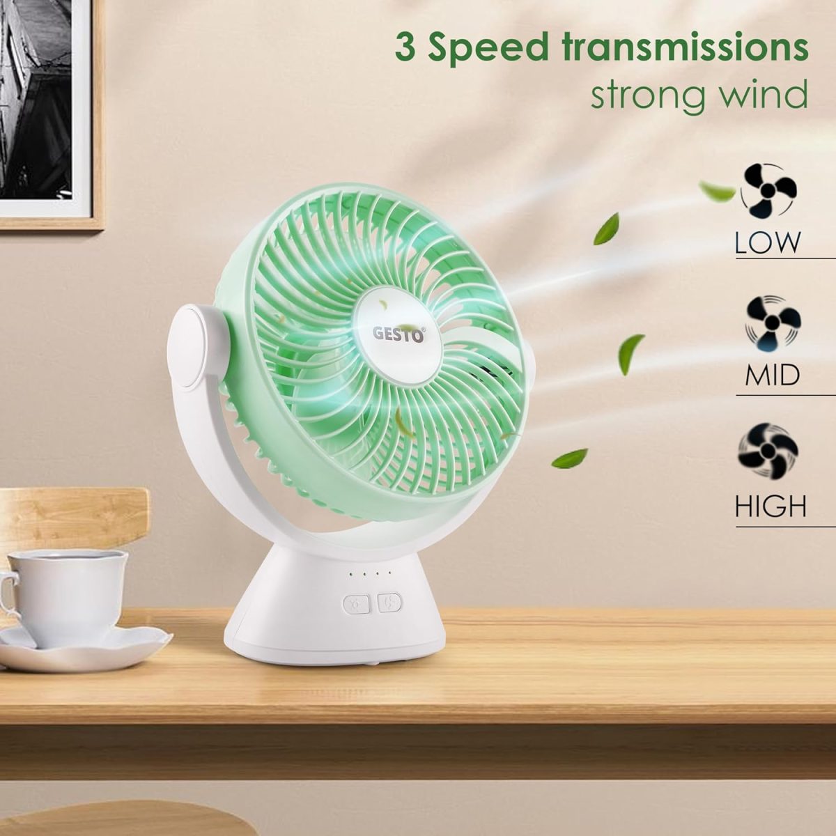 Gesto 7.8 Inch High Speed Rechargeable Table Fan for Home – USB Charging Battery Fan With Led Light | 2400mAh Battery for Upto 8 Hrs. Runtime | 3 Speed Modes Portable fan for Home,Office,Kitchen-Green - Image 5