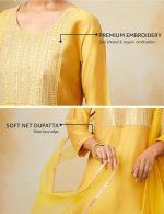 Amazon Brand - Myx Women's Embroidered Kurta Pant Set with Mesh Dupatta | Viscose,Rayon - Image 3