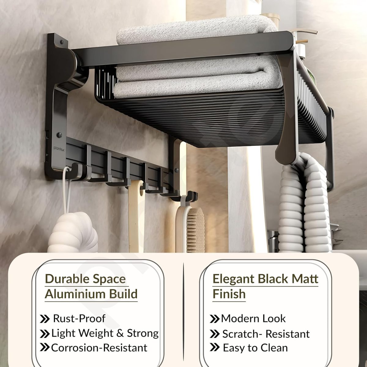 Plantex Aluminum Folding Towel Rack in Bathroom/Towel Holder in Bathroom/Towel Rod with Hooks/Bathroom Accessories (24 Inch) Black - Image 3