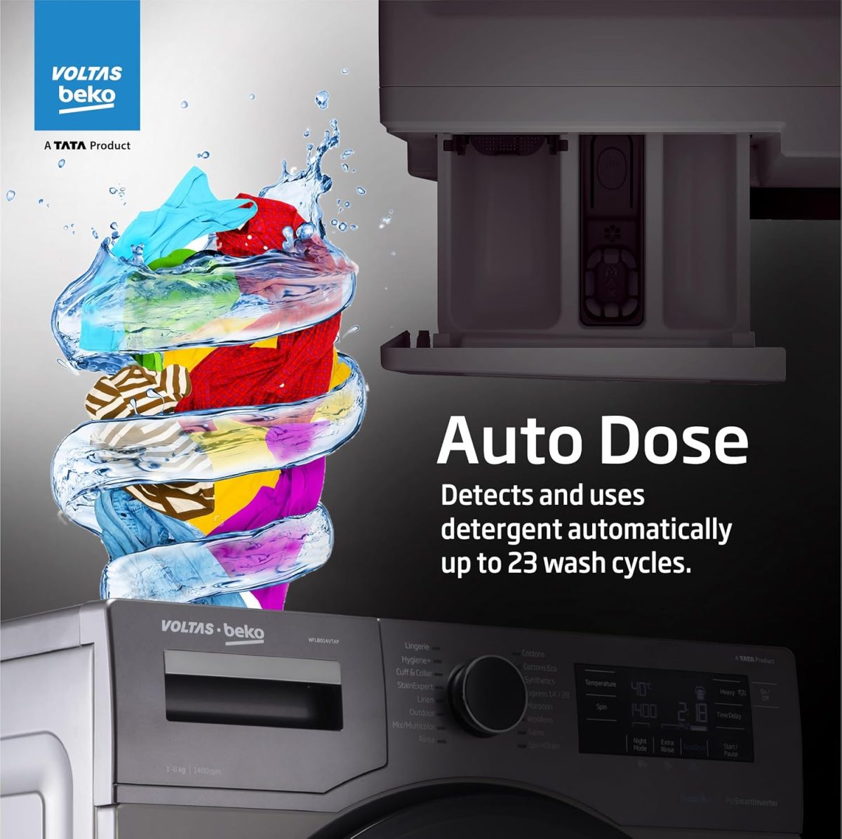 Voltas Beko 8.0kg, Inverter, 5 Star Front Load Washing Machine (WFL8014VTAP, Anthracite), Auto Dosing,Stain Expert - Image 4