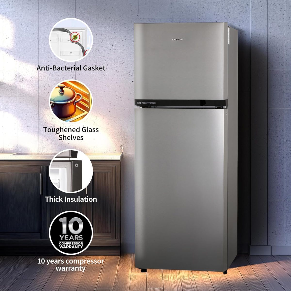 SHARP 265 L Frost Free Double Door 2 Star Refrigerator |Japan 7 Shield Protection|Hi-Tech Inverter | (Silver Hairline, SJ-FF305V2-PSH) - Image 3