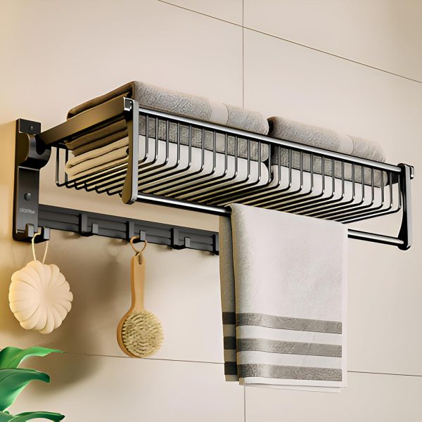Plantex Aluminum Folding Towel Rack in Bathroom/Towel Holder in Bathroom/Towel Rod with Hooks/Bathroom Accessories (24 Inch) Black