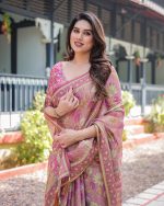 ALMAARI FASHION Handloom Cotton Floral Printed Saree with Tassels on Edges & Attached Blouse Piece | 5.5 Meter Saree + 0.8 Meter Blouse - Image 3
