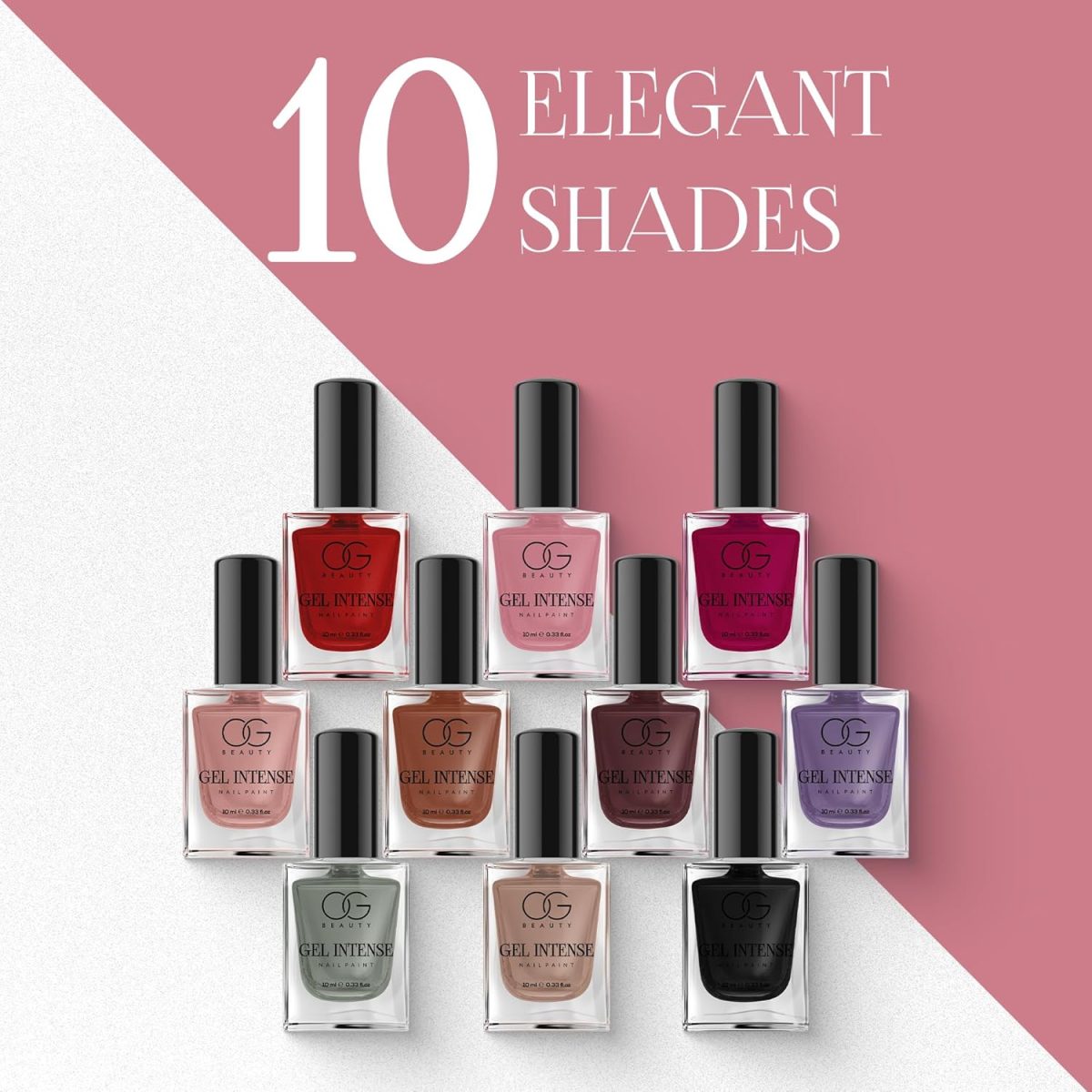 OG BEAUTY Gel Intense Nail Paint Set of 10 | Vegan, Longwear & Quick-Dry Formula | Red, Lilac, Burgundy, Peach, Cocoa, Rosy, Berry, Grey, Pink & Black | 10ml Each - Image 4