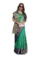 C J Enterprise Women's Banarasi Saree Pure Kanjivaram Silk Saree Soft Design Wear Pattu Sarees Latest Party Cotton With Blouse Piece Kanchipuram for Wedding traditional new 2024 (kismat-2 Greeen Blue) - Image 4