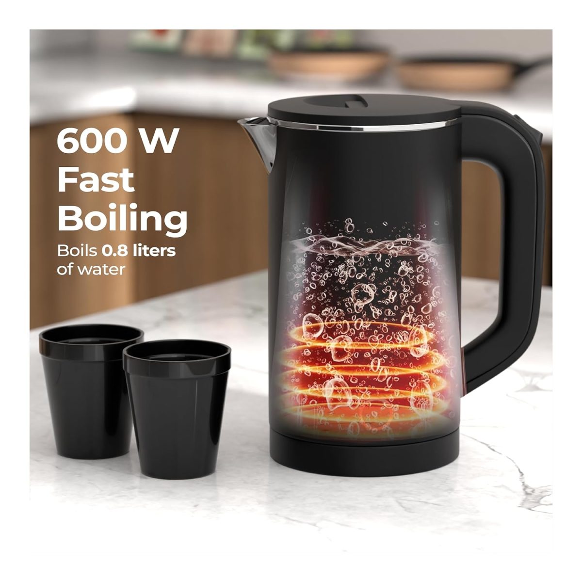 Lifelong Electric Kettle 0.8 Litre with 2 Cups | 600W Stainless Steel Kettle with Double Wall & Cool Touch Body, 360° Swivel Base, Water Level Indicator, Auto Shut-Off & Overheat Protection (Black) - Image 3
