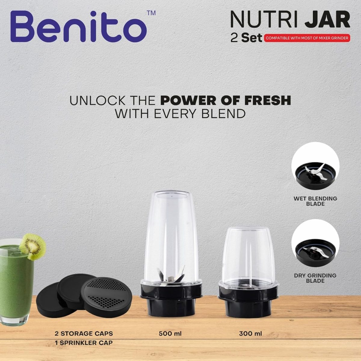 Benito NUTRI BULLET Polycarbonate 2 Jar Set (500ml & 300ml) for Mixer Grinder – Compatible with 4-Teeth Coupler & Dual Locking System - Image 6