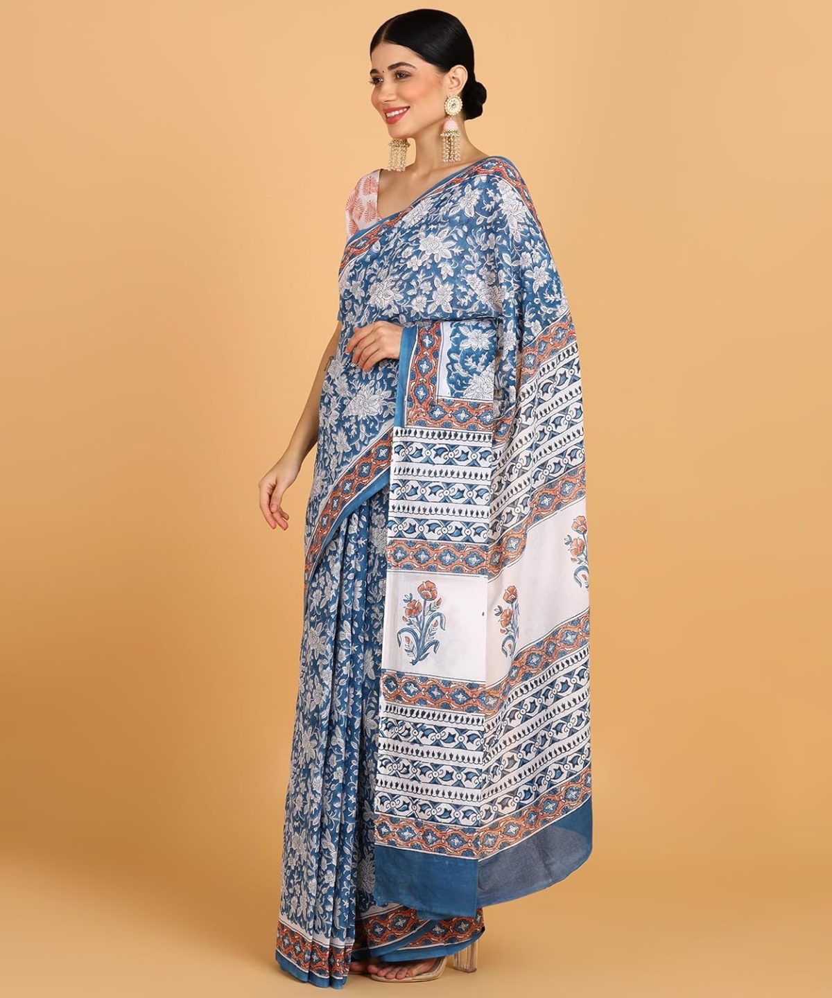BLOCKS OF INDIA Hand Block Print Cotton Sarees For Women with Unstitched Blouse Piece - Image 3