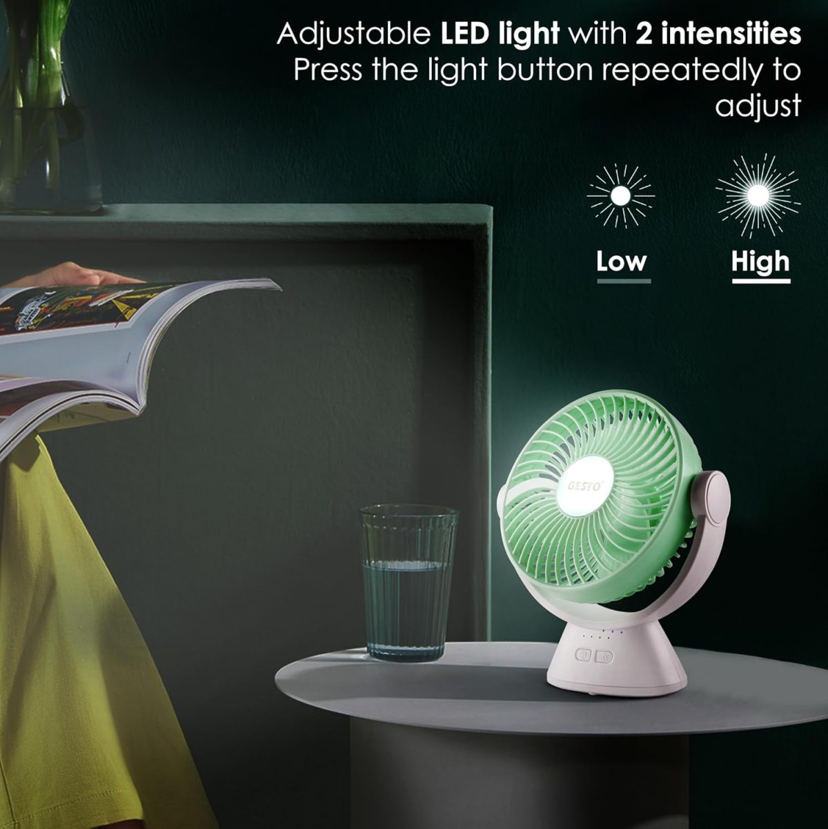 Gesto 7.8 Inch High Speed Rechargeable Table Fan for Home – USB Charging Battery Fan With Led Light | 2400mAh Battery for Upto 8 Hrs. Runtime | 3 Speed Modes Portable fan for Home,Office,Kitchen-Green - Image 4