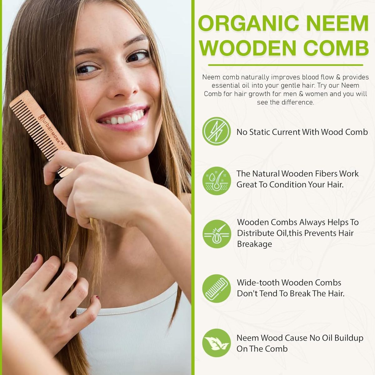 URBANMONK Neem Comb for Hair Growth | Wood Comb for Hair Growth, Hair fall & Dandruff Control | Neem Wooden Comb for Women & Men | All Five Combs - Image 5