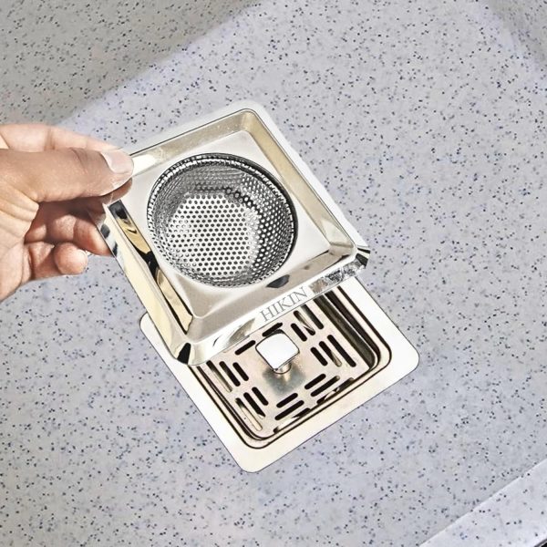HIKIN SUPERMARKET Square Stainless Steel Kitchen Strainer,Sink Jali,Drain Filter,Wide Rim Anti Clogging Mesh Drain Filter Vegetable Hair Catcher Drain Cover,11.5Wx2.5H Centimeters