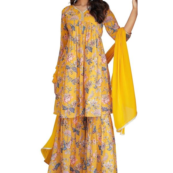 Janasya Women's Georgette Digital Floral Printed Kurta with Sharara and Dupatta