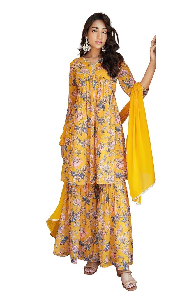Janasya Women's Georgette Digital Floral Printed Kurta with Sharara and Dupatta