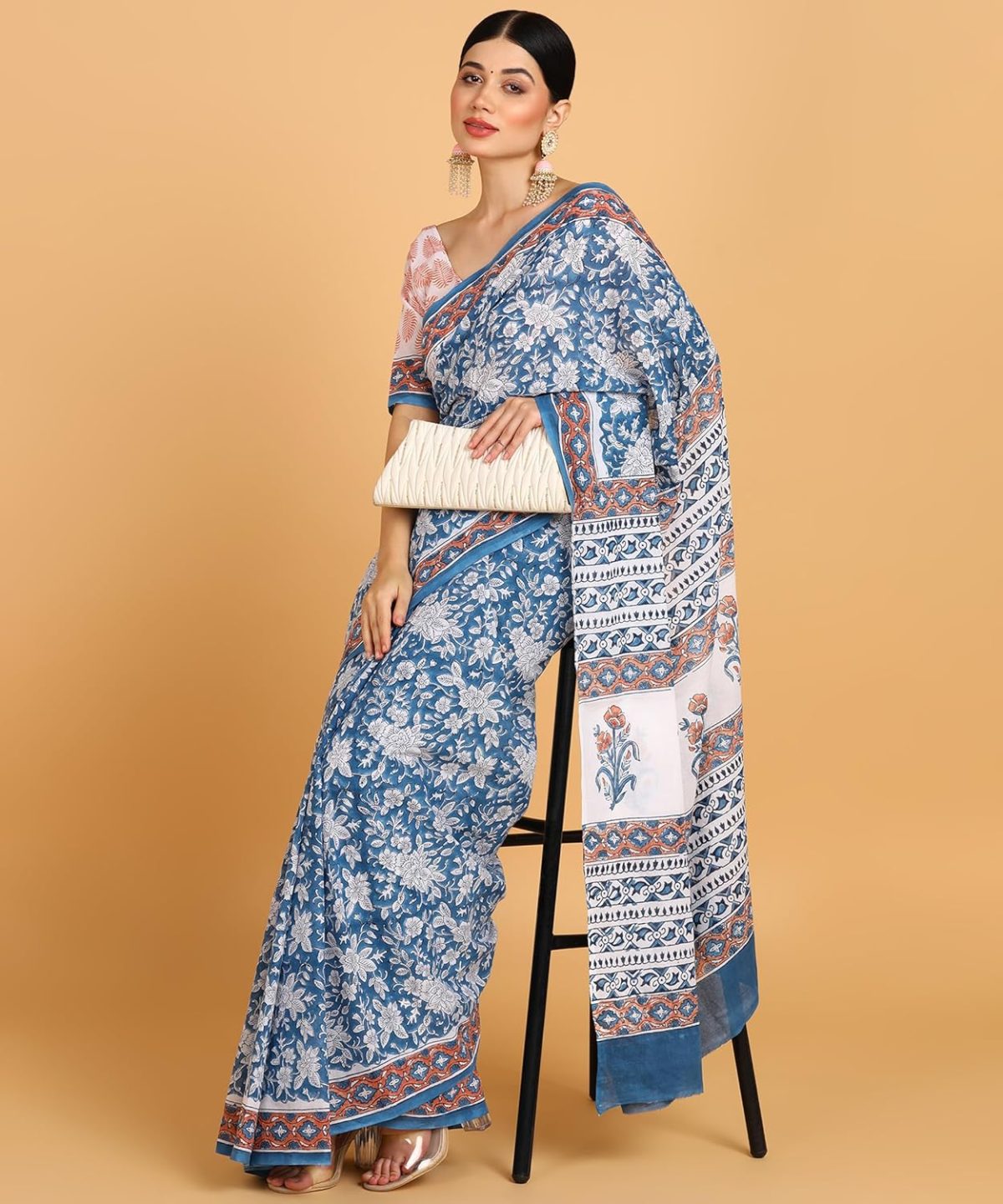 BLOCKS OF INDIA Hand Block Print Cotton Sarees For Women with Unstitched Blouse Piece - Image 4