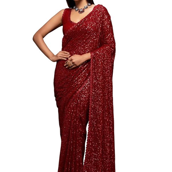 Zeel Clothing Women's Sequins Work Heavy Georgette Saree with Blouse (Latest-Sequins-Party-Saree, Free, Many Colors)