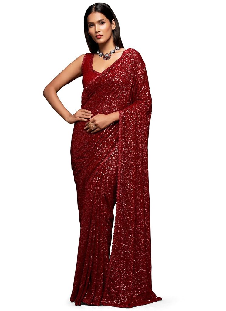 Zeel Clothing Women's Sequins Work Heavy Georgette Saree with Blouse (Latest-Sequins-Party-Saree, Free, Many Colors)