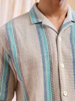 The Indian Garage Co Men's Cotton Relaxed Fit Striped Half Sleeves Cuban Collar Resort Wear Shirt - Image 2