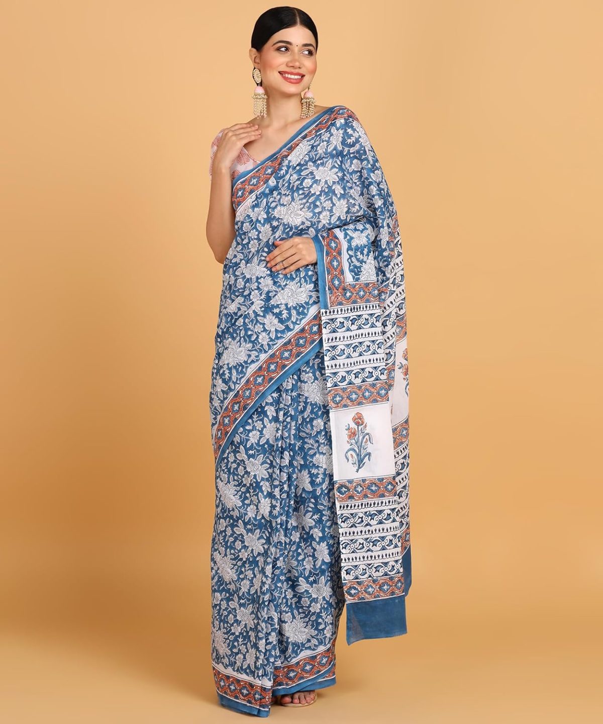 BLOCKS OF INDIA Hand Block Print Cotton Sarees For Women with Unstitched Blouse Piece - Image 2