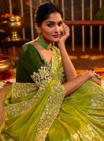 TRENDMALLS Women's Jacquard Silk Embroidery work Saree with Unstitched Blouse Piece (K1064-Green) - Image 7