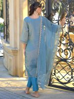 INDO ERA Women's Black Silk Blend Embroidered Straight Kurta & Pant with Dupatta Set (KH9BK6210) - Image 3